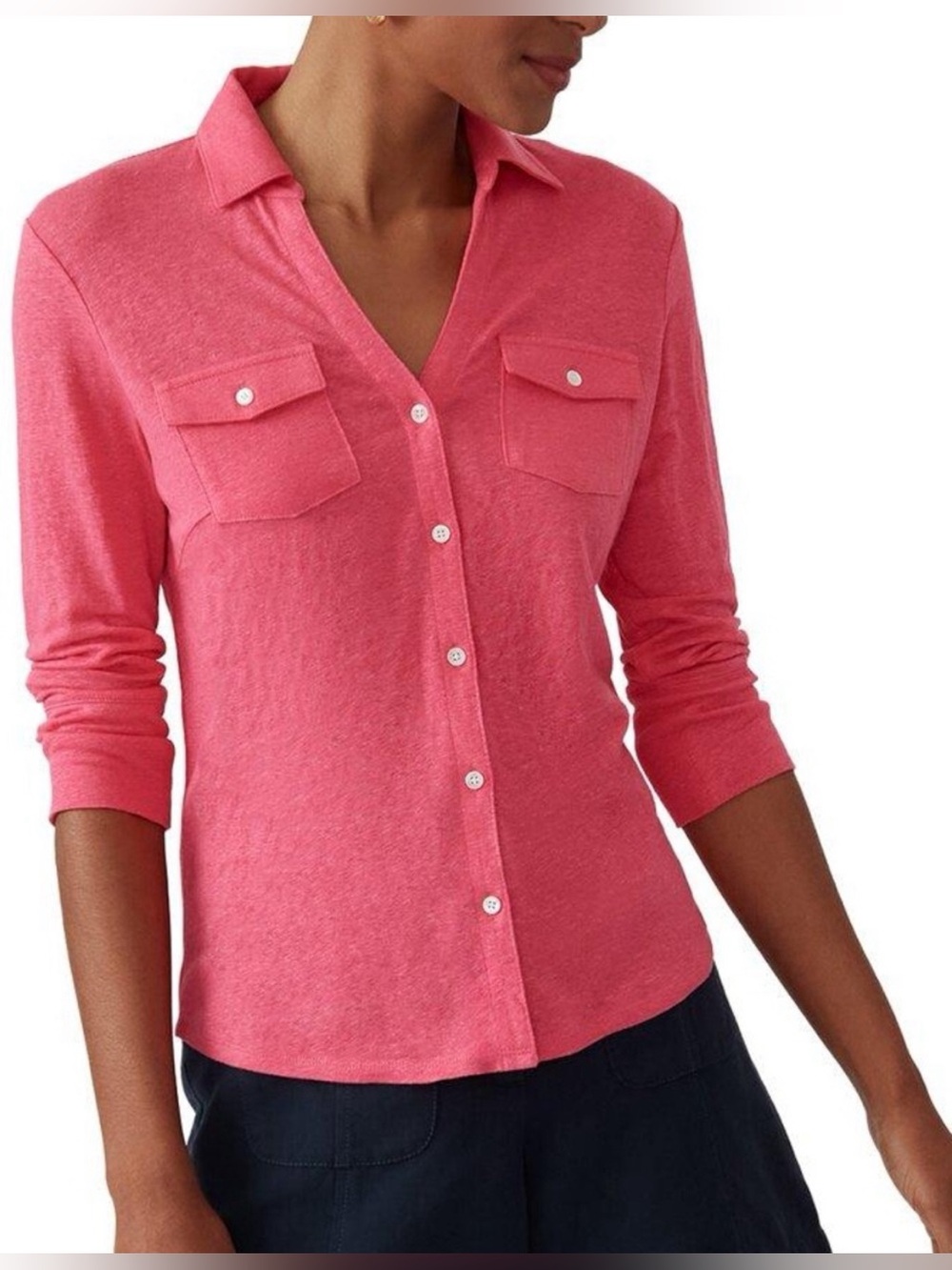 J McLaughlin Women's Brynn Linen Pink Button-Down Shirt Chest Pockets Sz M- EUC
